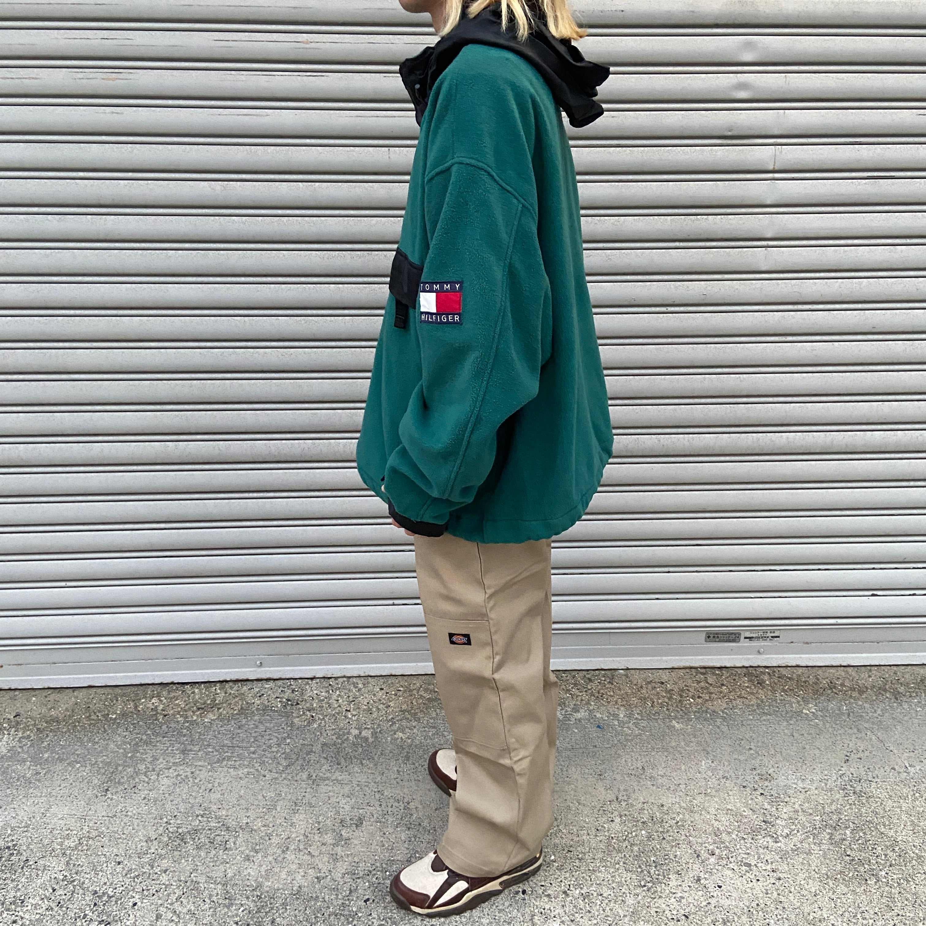 送料無料』90s TOMMY HILFIGER フリースアノラックパーカー グリーン