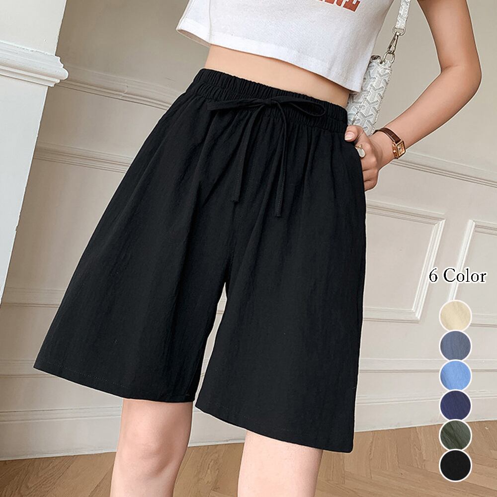 リネン ワイドパンツ 短パン 綿麻 半ズボン