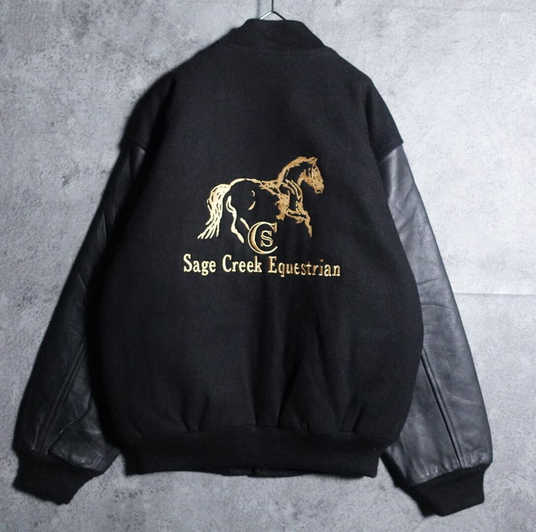 90s Black Melton x Leather Horse Embroidered Design Stadium Jacket