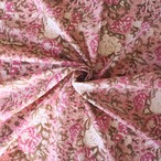 ブロックプリント生地【50cm単位】インド綿 花柄 ピンク×カーキ #16024-PK1