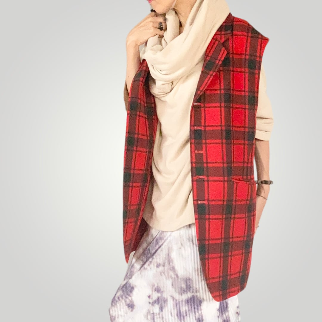 ZOZOTTE unisex remake vest/ユニセックス リメイク ベスト/レッド系チェック柄