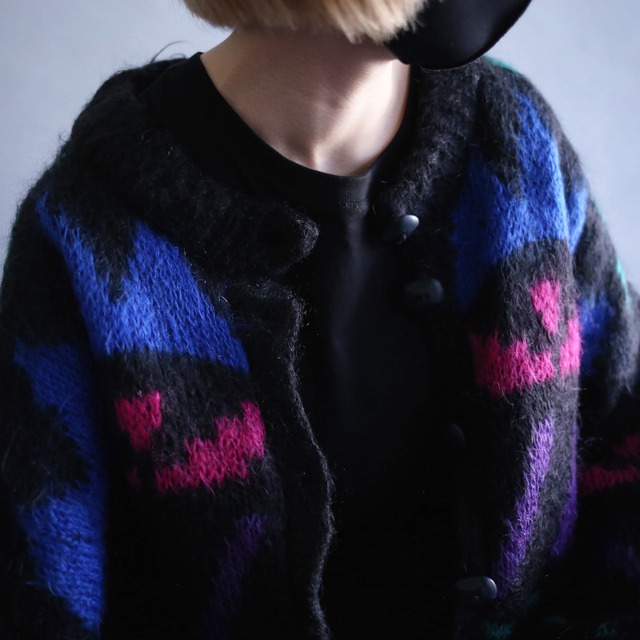 "mohair" psychedelic geometry pattern over size knit jacket coat
