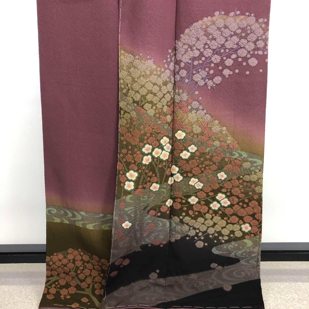 訪問着 絞り染の美しい花模様 流水 縮緬 紫檀色 トールサイズ K-3705