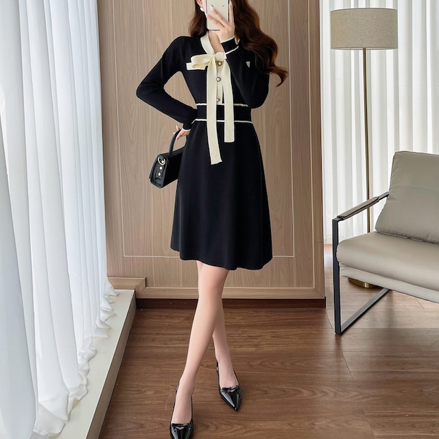 【dress】リボン付きニットワンピース Q6796