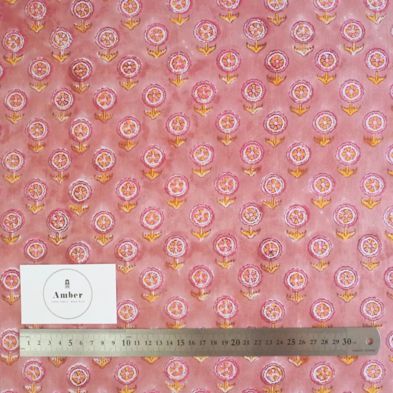 ブロックプリント生地【50cm単位】インド綿 小花柄 くすみピンク×イエロー×白 #56224-PK2