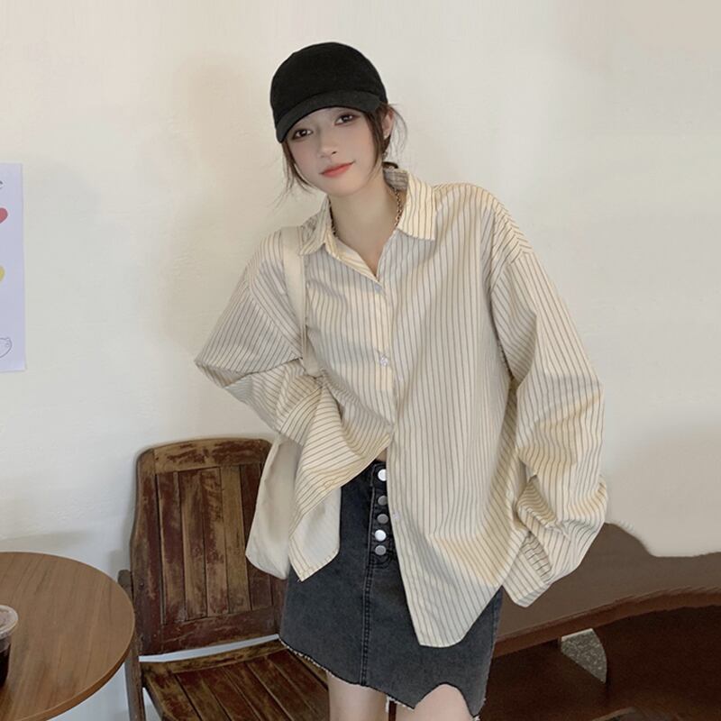 ストライプシャツ スプリングオータムスタンダードトップス ロング レトロ 春物 秋物 試着室47725066962