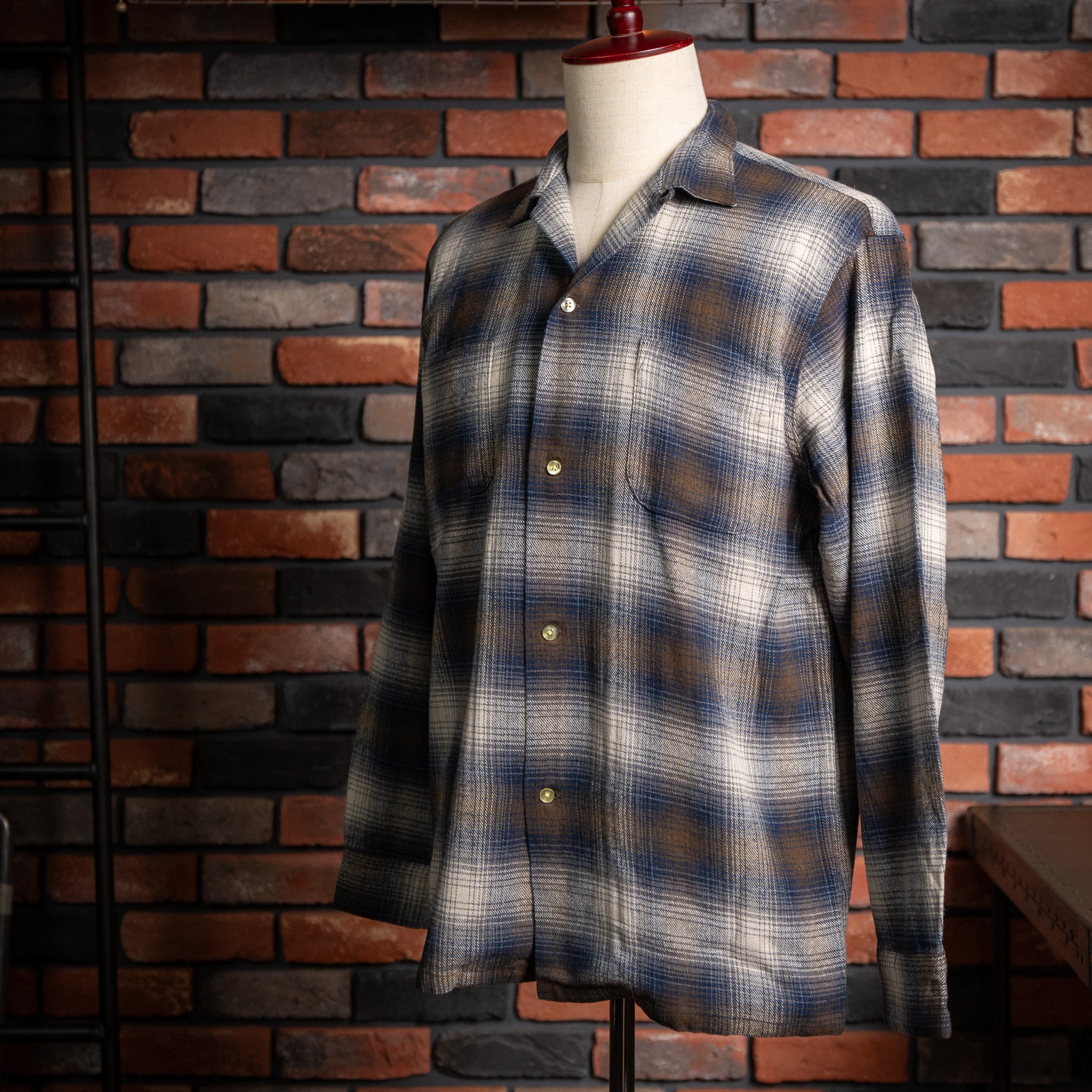 【TOWN CRAFT】 "BROWN" 60s Loop Collar Nel Ombre Shirts 新品 タウンクラフト オンブレシャツ 茶 ブラウン ポケット付き