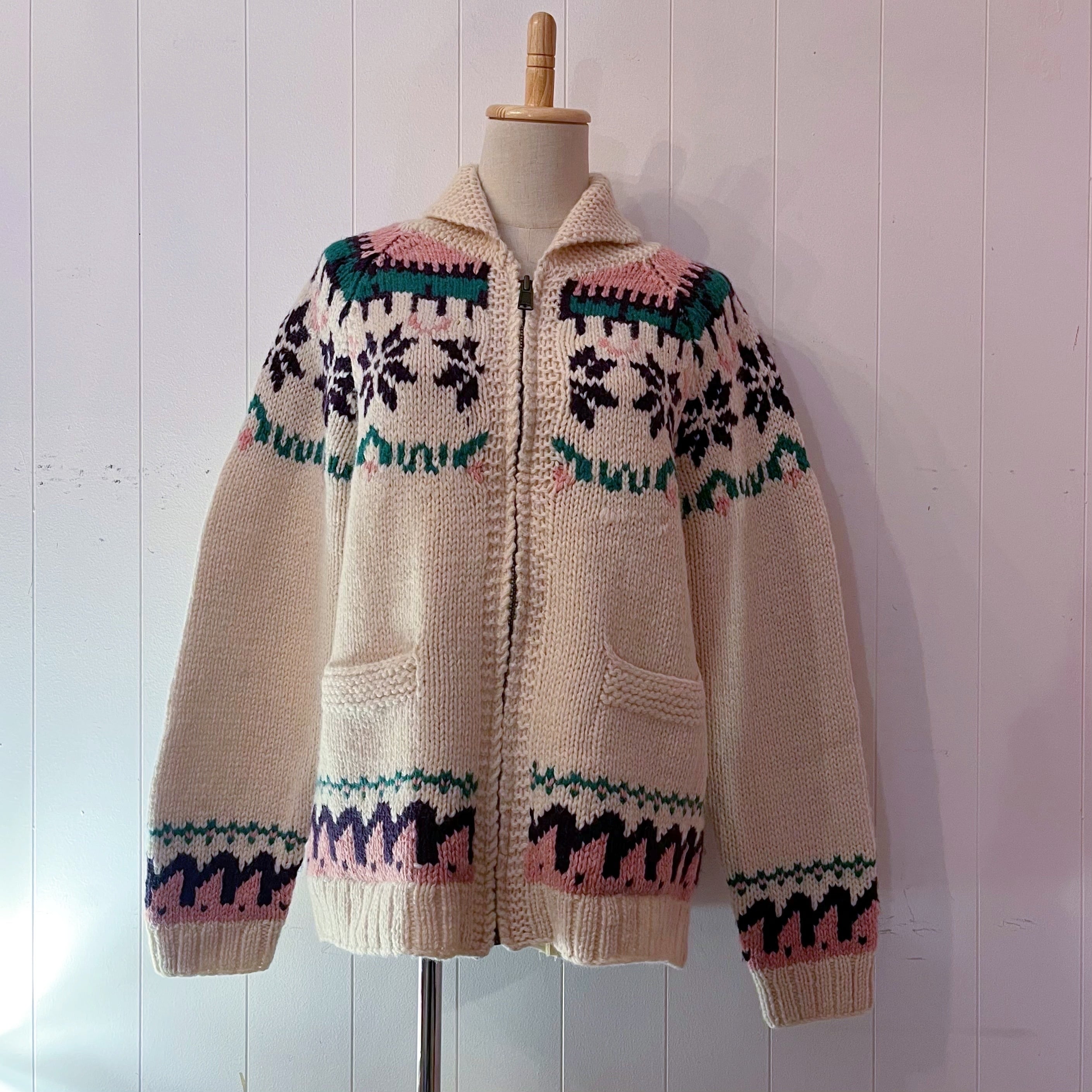 pink purple snowflake zip knit sweater