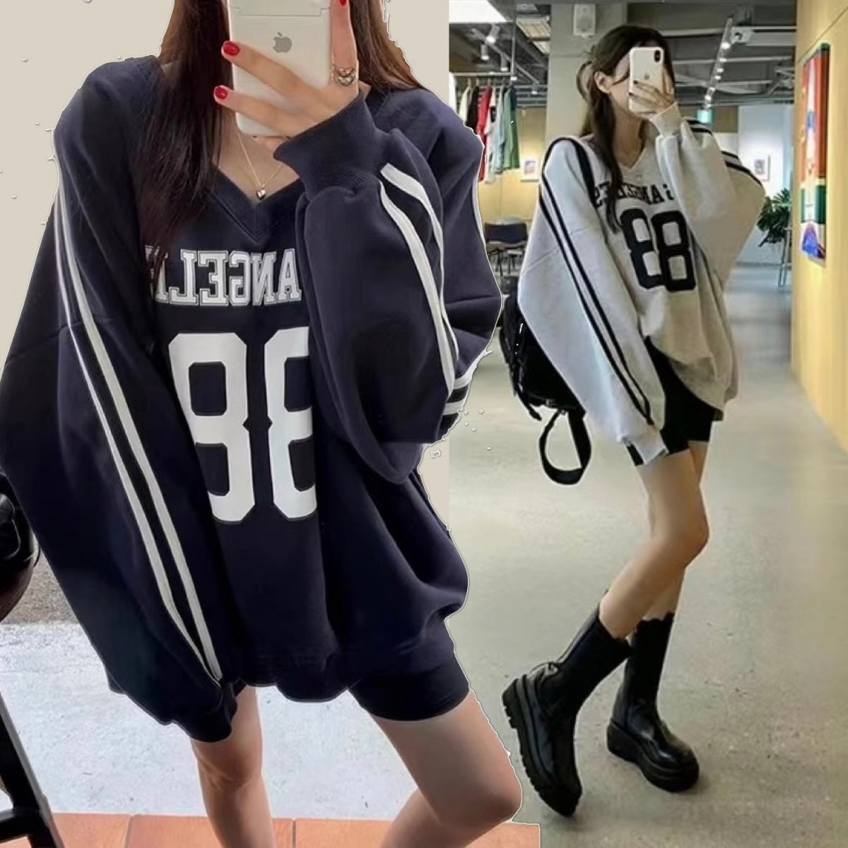Vネック ライン スウェット トレーナー レディース 韓国 ファッション スポーティ オーバーサイズ トップス vestito