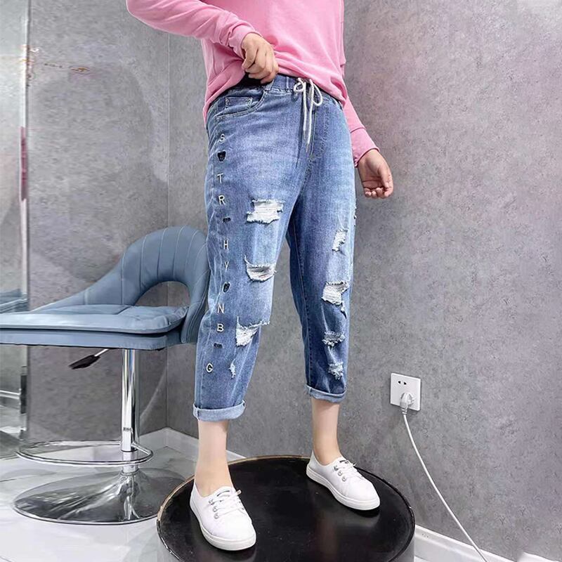 ジーンズ ストレッチウェストダブルルーズワイドレッグクロップドパンツ サマー エラスティック 伸縮 大きめサイズ 夏物 ワイドパンツ ミックスインファッション55023981589