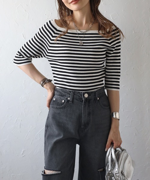 ラグランスリーブストレッチリブトップス