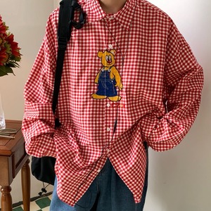 C2紅赤格子縞の刺繡入り長袖シャツ