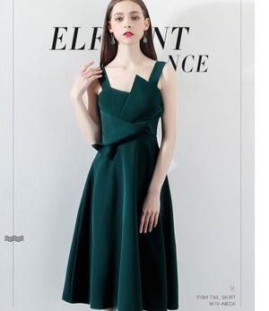 ダークグリーン ひざ丈 リボン パーティードレス　ipd0214 