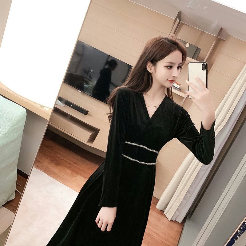 【新作】【送料無料】 ゴールドベルベットドレスロング秋と冬フレンチレトロ宮廷ヘボンスタイルリトルブラックドレス冬のスカートベルベットロングドレス 0238774327249