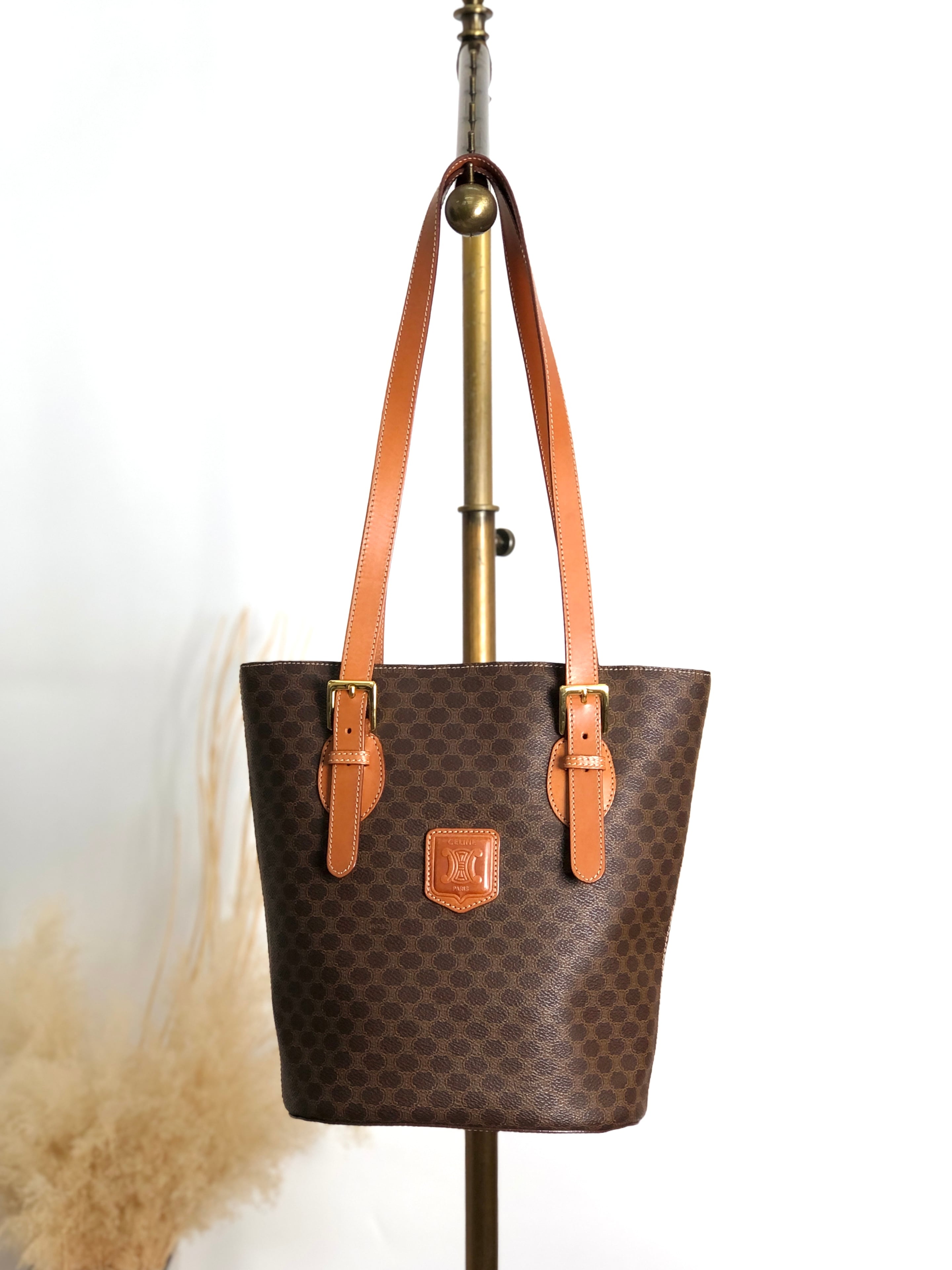 CELINE セリーヌ マカダム ハンドバッグ ブラウン ブラゾン型押し PVC バケツバッグ トートバッグ vintage ヴィンテージ オールド 6pe5na