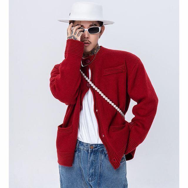 【予約販売】カーディガン ニット メンズ アウター ラウンドネック 無地 ブラック レッド グリーン ホワイト モード レトロ カジュアル シック 男前 こなれ感 お洒落 韓国 トレンド 秋 冬 M/L/XL