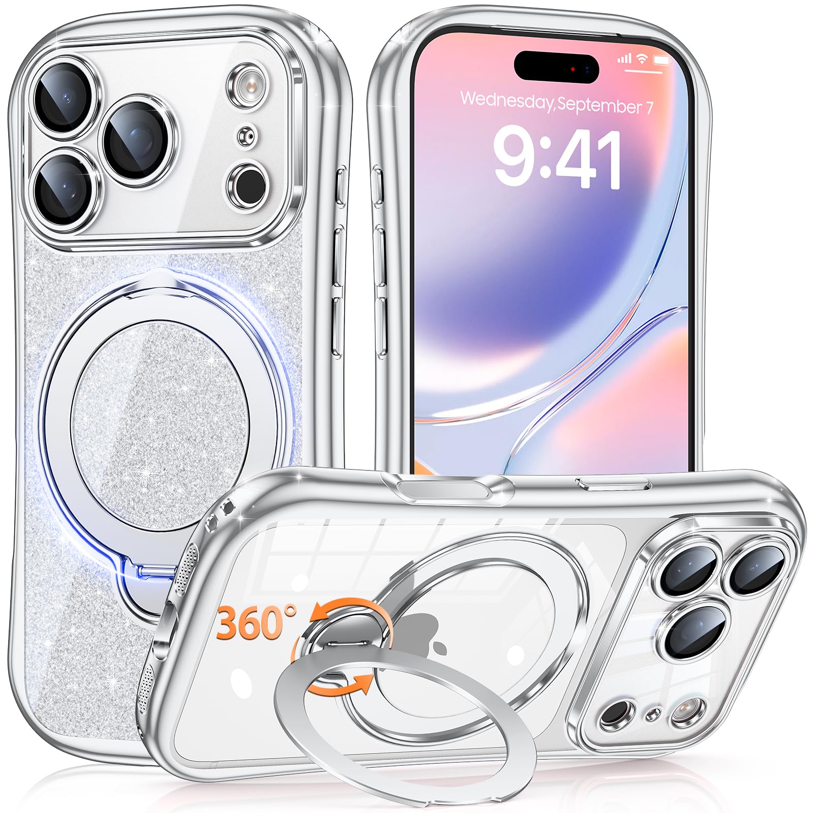 iPhone 18 Pro / 17 Pro 用 ケース MagSafe対応 360°回転スタンド ラメ入りシート付き レンズ保護【シルバー】