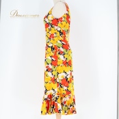 フラメンコ 衣装 ワンピース ドレス イエロー系 オレンジ系 レッド系 黄色 オレンジ 黒 ブラック 花柄 伸縮 ストレッチ 軽い パーティ 発表会 コスチューム おしゃれ レディース 女性用 フラワープリント