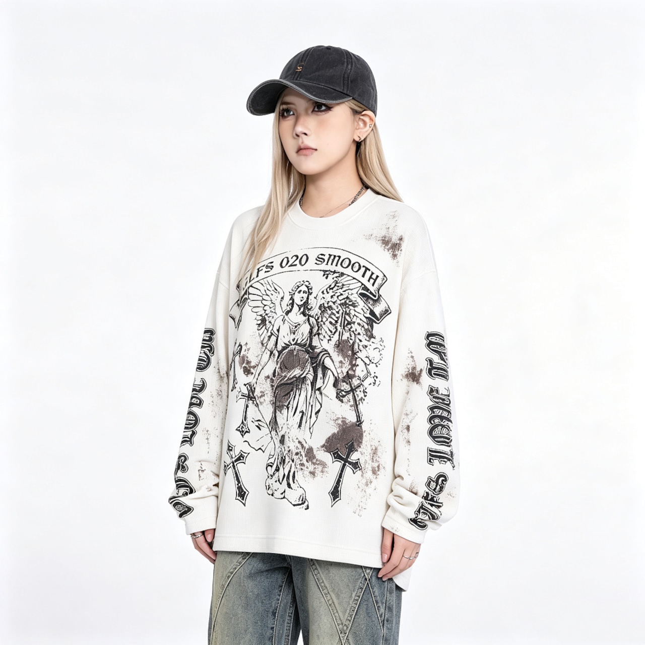 VINTAGE ストリート クロス女神 ワッフルロングTシャツ T2232