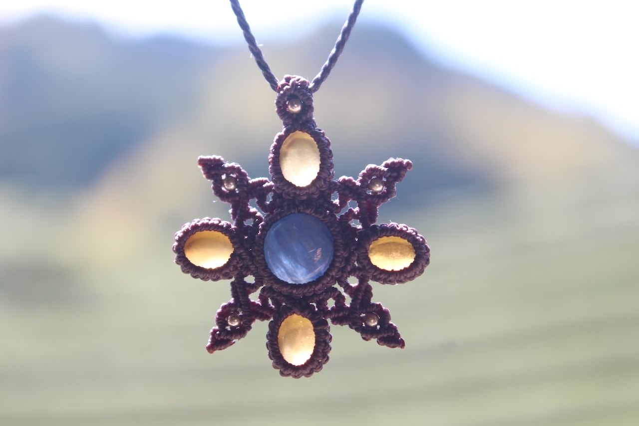 Kyanite & Hessonite Garnet micro macrame mandala pendant