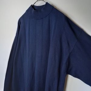 イタリア製　PER ME UOMO　モックネック　コットンニット　セーター　無地　薄手　ストライプ　ネイビー　M