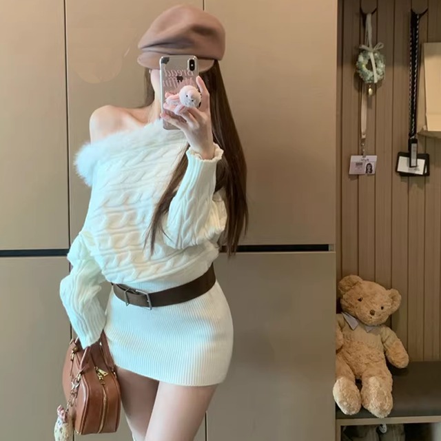 【dress】ファードッキングオフショルダーニットワンピース Q7731