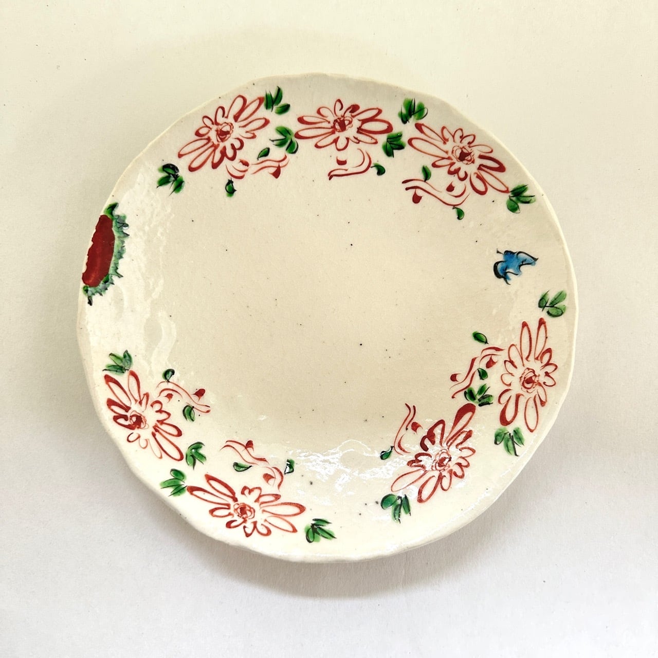 榛澤宏 色絵二花楕円小皿 豆皿 たたら 粉引 赤絵 作家もの 色絵二花楕円小皿【榛澤宏】