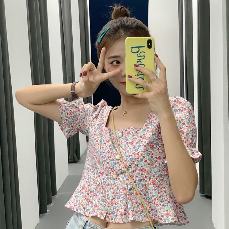 春夏レトロ香港フレーバースクエアネックフローラルベビーシャツデザインセンスニッチシャツレディース新作半袖トップス 1号婦人16545042661