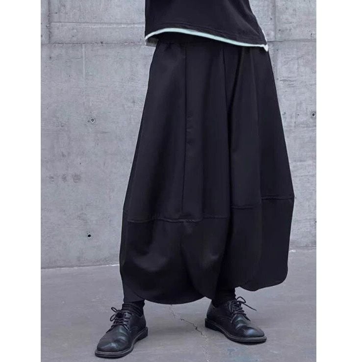 BLACK ELASTIC WAIST WIDE LEG LANTERN PANTS 1color M-16328