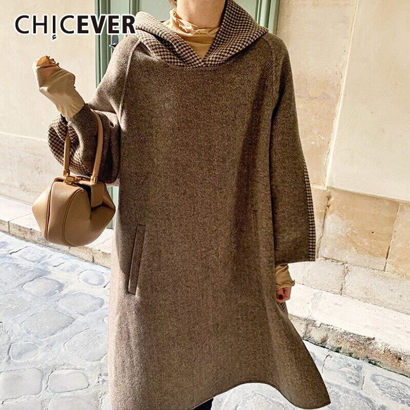 CHICEVERパッチワークツイード女性フード付き巾着ランタン長袖ルーズサイドスプリットツイード ロング 6base530406553007