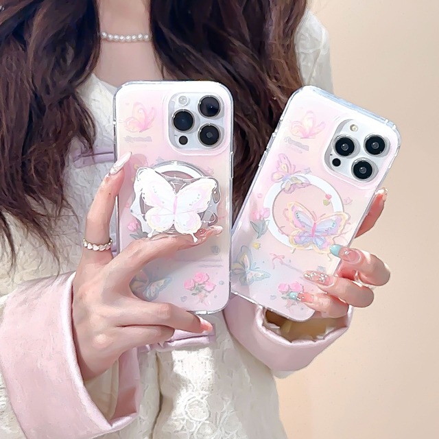 【MagSafe対応】淡いピンクがたまらない◎バタフライ 可愛い クリアケース iPhone16対応 マグネット式 スマホグリップ ワイヤレス充電 韓国っぽ フラワー 蝶々 スマホケース ND-15327