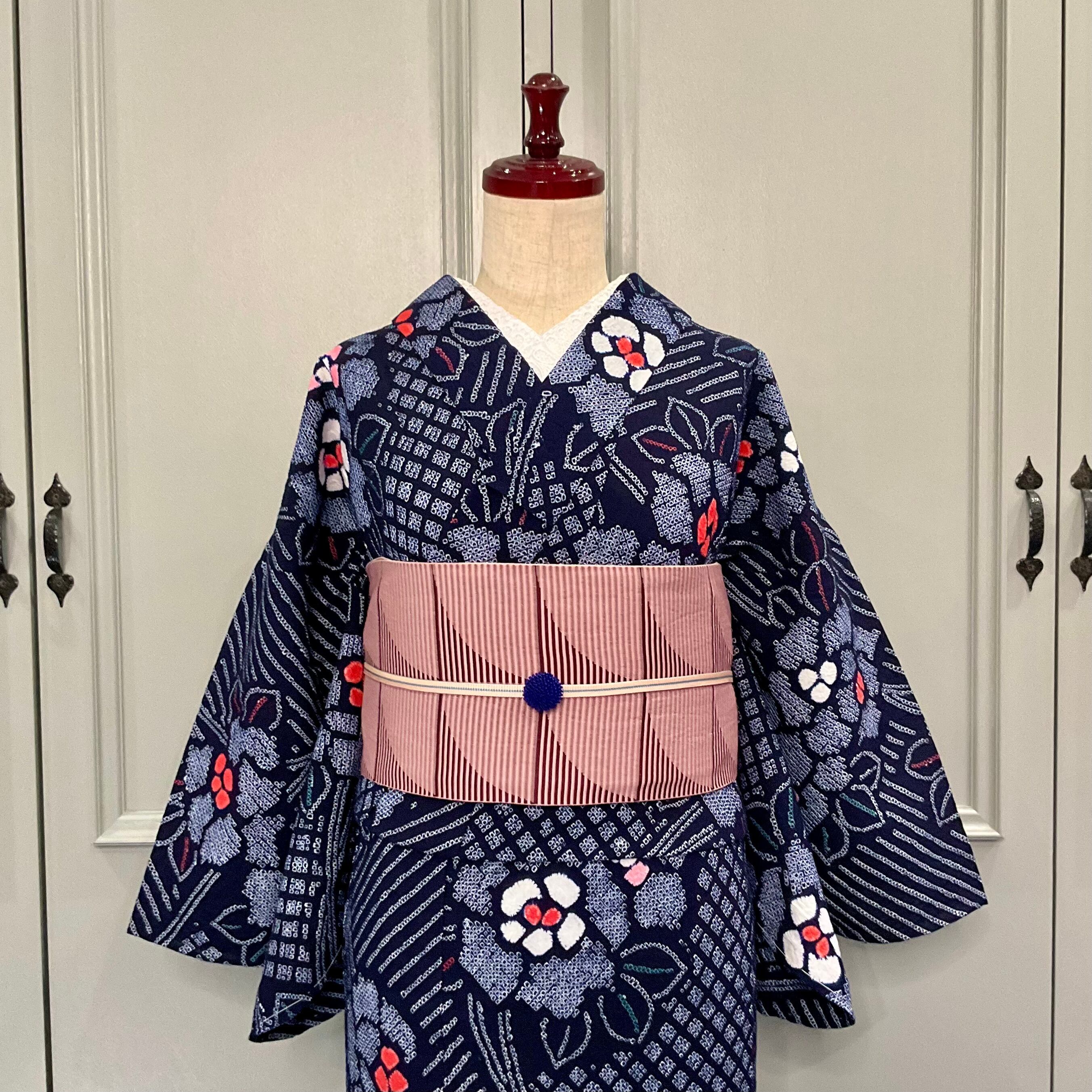 宵の花灯り＊総絞り バラ 花 フラワー 濃紺 紺 ネイビー レッド