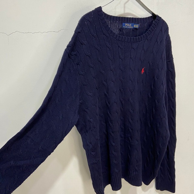 Ralph Lauren ワンポイントロゴケーブル編みセーター　ネイビー　3XB