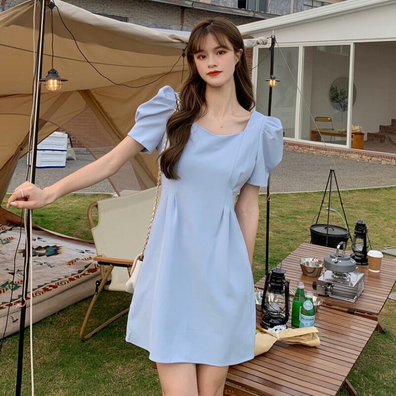 バックAラインドレス サマースタイルスリーブウェストブルースカート 夏物 スクウェア YY-ファッション90233747037