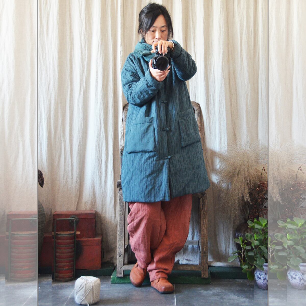 ウィンタージャケット ジャカードロングスタイルスタンダードドレス ボタン コットン レトロ 冬物 Yiranxuaディースワード11920300122