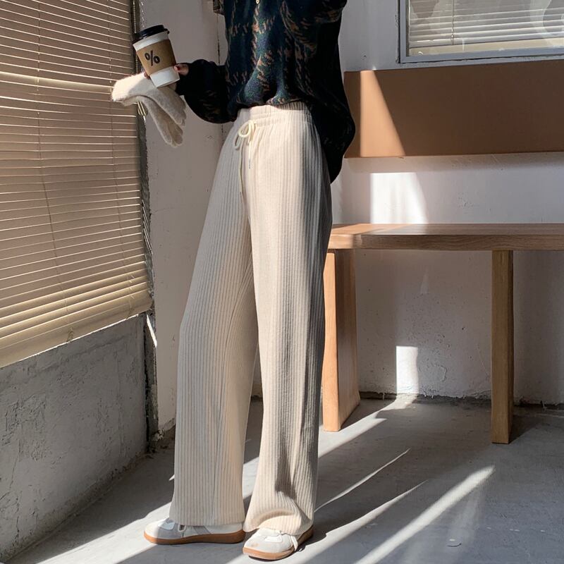 コーデュロイカジュアルパンツレディース2020年秋冬ハイウエストスリミングプリーツデザインセンスストレートレッグパンツワイドレッグパンツ クレセントシティ82547869923