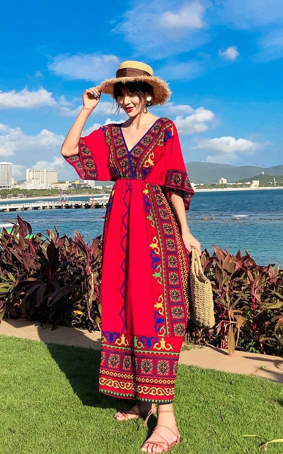 エスニック ワンピース ボヘミアン レディース 女性 大きいサイズ 春秋 セットアップ 七分袖 トップス スカート ロング丈 スタンドカラー リゾート エスニック ワンピース ボヘミアン レディース 女性 大きいサイズ 春夏