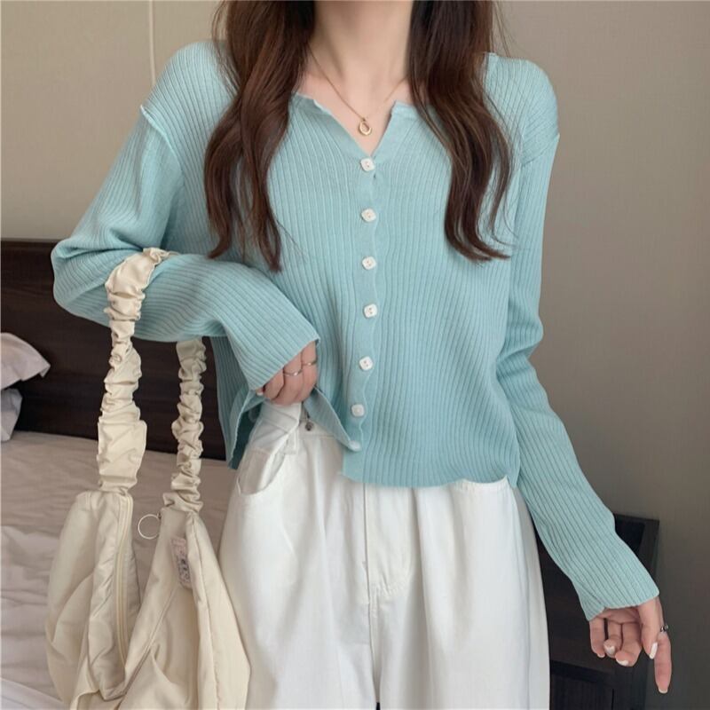 薄手Vネックセーター スプリングオータムスタイルカーディガンショートトップス 春物 秋物 YY-ファッション78063829691