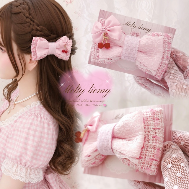Peach pink tweed ribbon♡(Hairclip 1点単位)