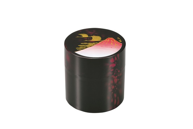 36-4204 茶筒 べっ甲 富士鶴 Tea Canister w Mt.Fuji and Crane BEKKO Coating