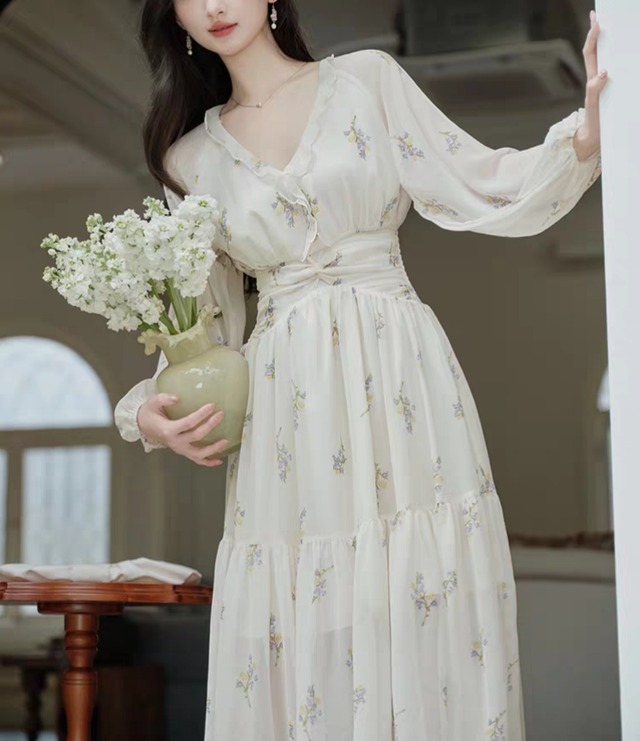 【春夏新作】花柄シフォンロングワンピース｜Vネック・ハイウエスト着痩せ・フェミニン