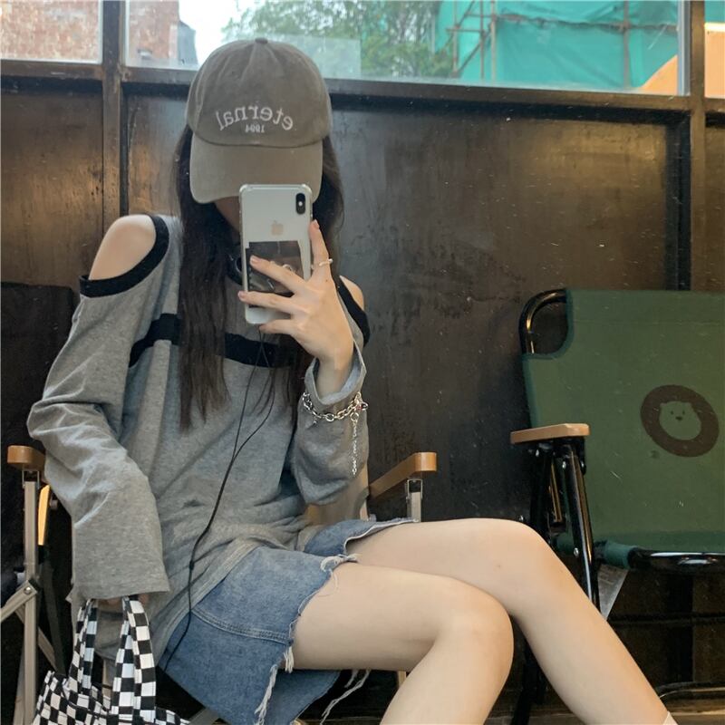 スタイルルーズストラップレスグレーTシャツ サマー薄手トップス ロング 夏物 モンロー31875184533