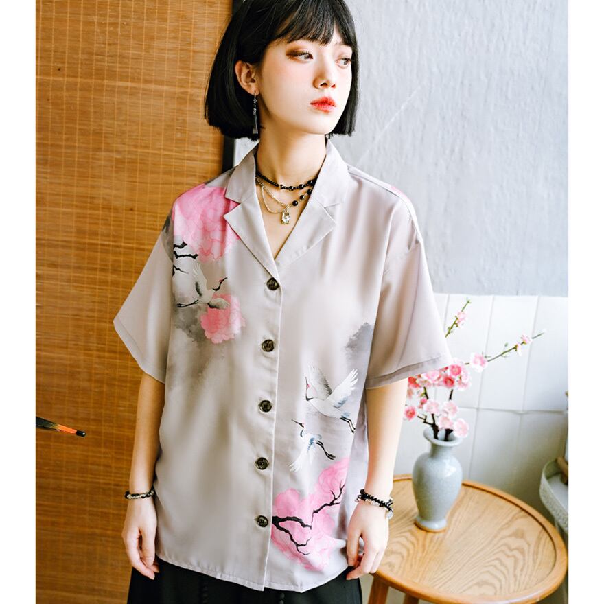チャイナ風 中華服 古怪舎 半袖シャツ 鶴 プリント 中華系ファッション 30代コーデ
