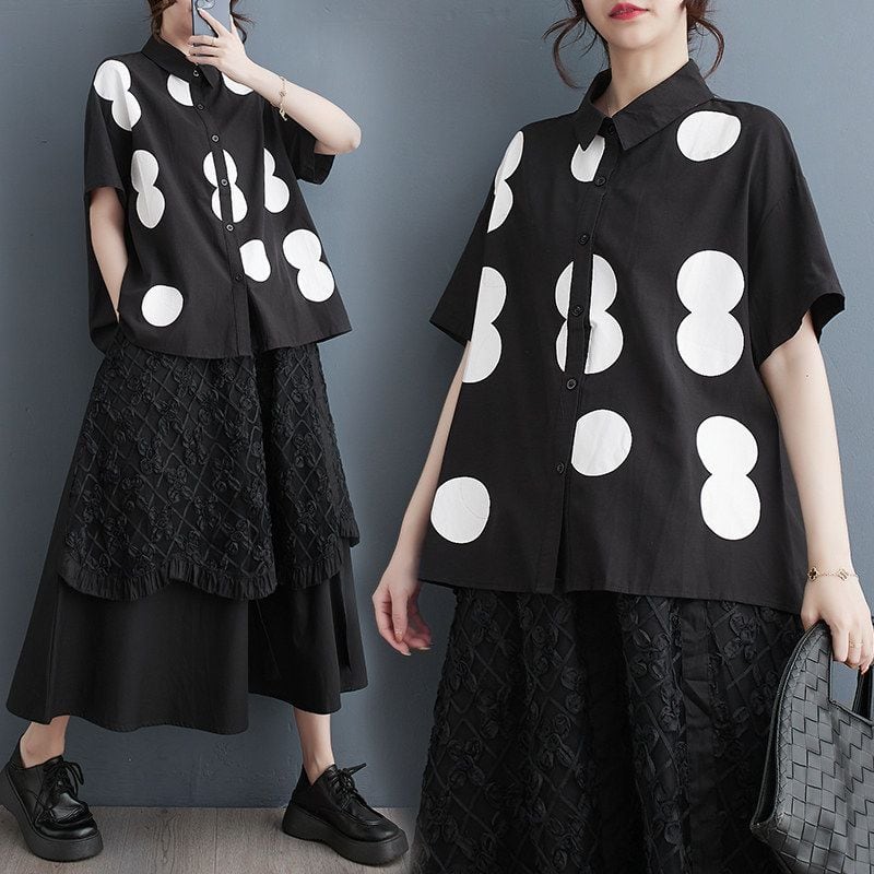 OVERSIZED POLKA DOT SHORT SLEEVE COLLAR SHIRT M-18072