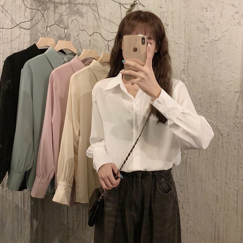 ホワイトシャツ スプリングオータムスタンダードスタイルトップス ロング レトロ 春物 秋物 試着室30991287985