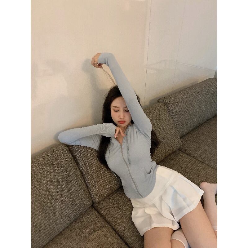 ジッパーフードショートカーディガンジャケット サマー薄手長袖スリーブトップス ロング 夏物 ブラックストロベリース17652124912