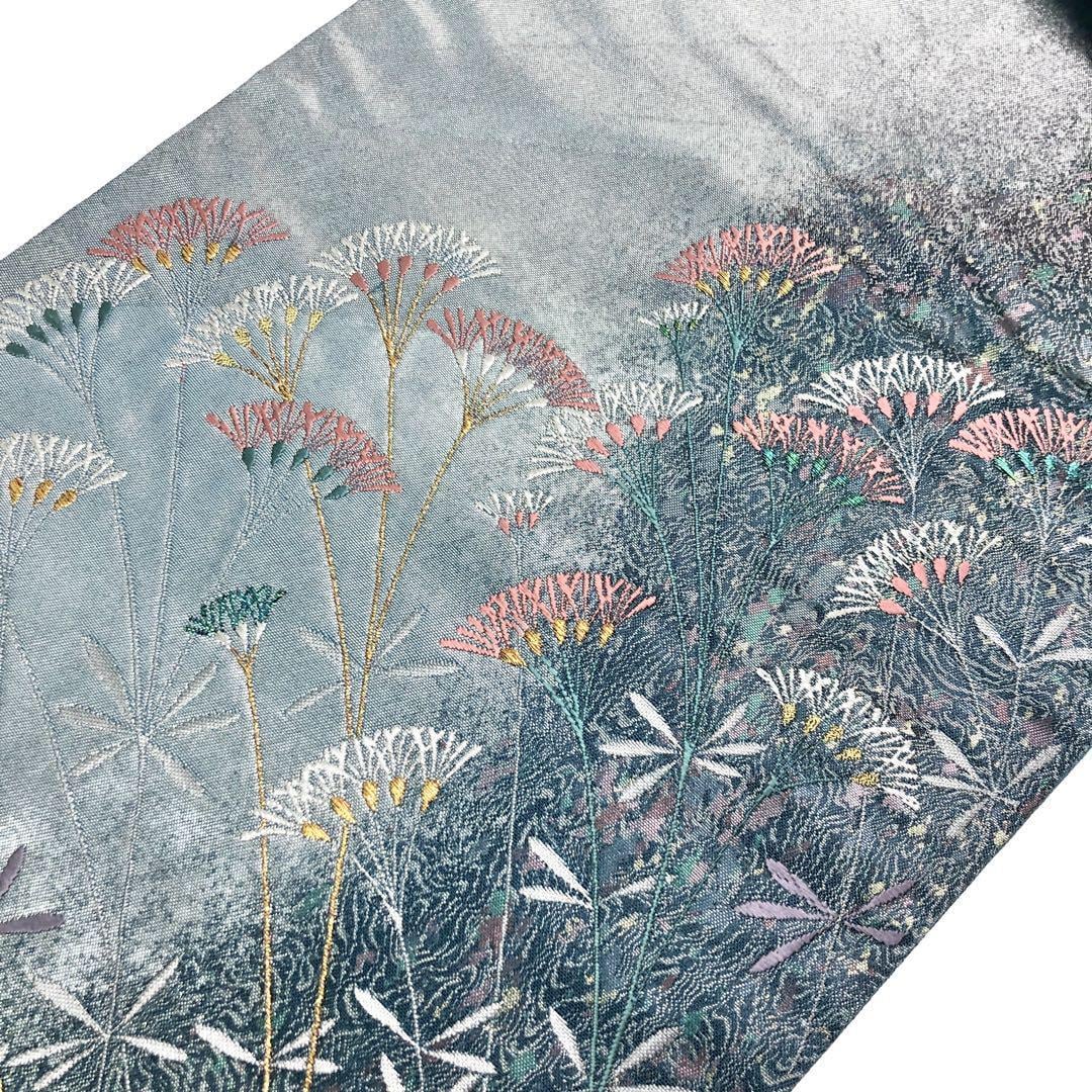 袋帯 西陣 高島織物 繻珍織 青銅箔 花草模様 金銀糸 O-3279 | リユース着物わびさび