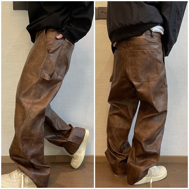 【予約販売】パンツ ボトムス メンズ レザー 革パンツ ルーズ カジュアル ブラウン こなれ感 お洒落 韓国 トレンド 秋 冬 M/L/XL/2XL