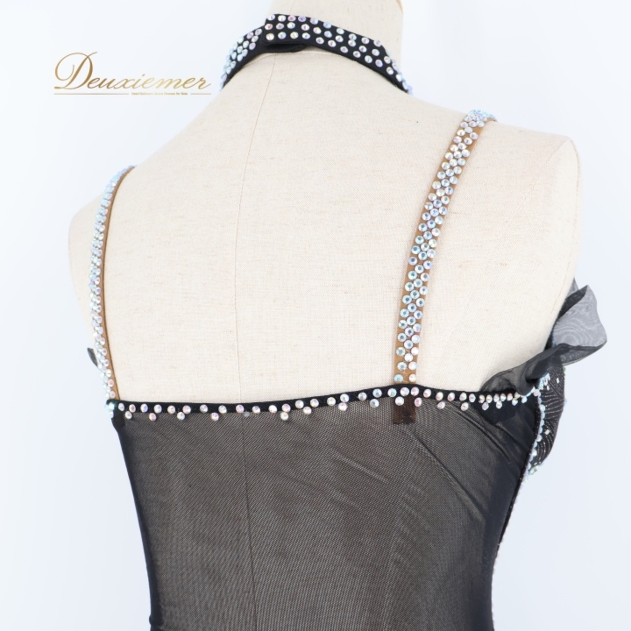 社交ダンス 衣装 ラテン ドレス ワンピース 黒 フリル 緑 蛍光 デモ 競技 ダンス パーティ 発表会 高級感 ブラック系 グリーン系スカート かわいい Mサイズ 軽め 素材 競技用 おしゃれ 女子用 フォーマル 明るい パフォーマンス用