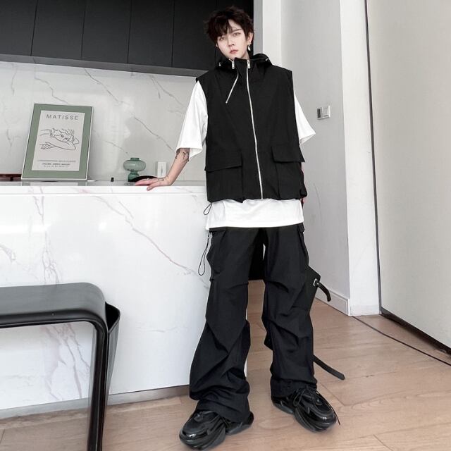 【予約販売】メンズ セットアップ 上下 ベスト ベージュ ブラック フード付き 男前 ジップアップ 韓国 パンツ セット カジュアル お洒落 韓国 トレンド M/L/XL